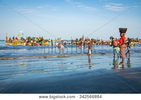 Tanji, The Gambia - November 21, 2019: Scene With Men And Women Carrying Fish From The Boats To The