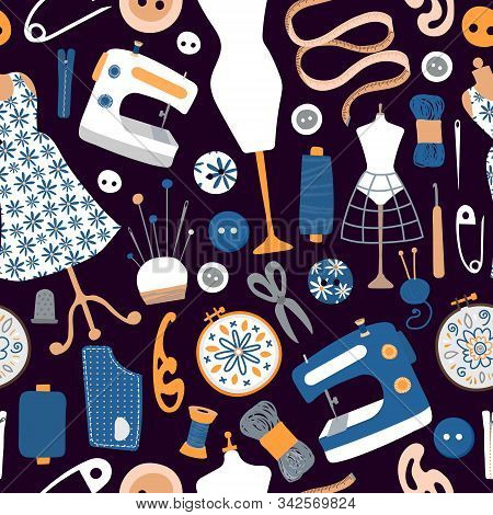 Vector Seamless Pattern With Items And Materials For Sewing, Capturing And Embroidery. Colorful Vect