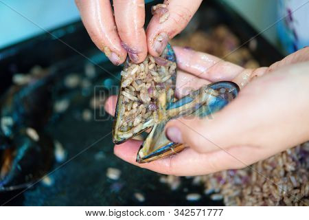Preparing Stuffed Mussels. Oysters, Mussels Stuffed Delicious Seafood. It Is Made By Filling The Ins