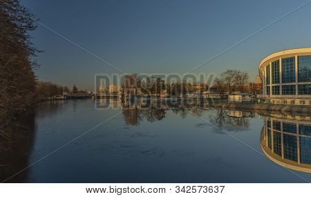 Swimming Hall In Ceske Budejovice Near Vltava River In Sunny Winter Color Evening