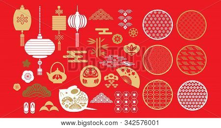 Happy Chinese New Year, Year Of The Rat. For Template Banner, Poster In Oriental Style. Big Set Of J