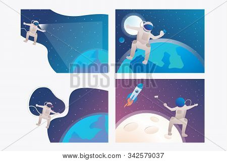 Astronaut Floating In Outer Space Set. Planet, Rocket, Taking Selfie. Flat Vector Illustrations. Cos