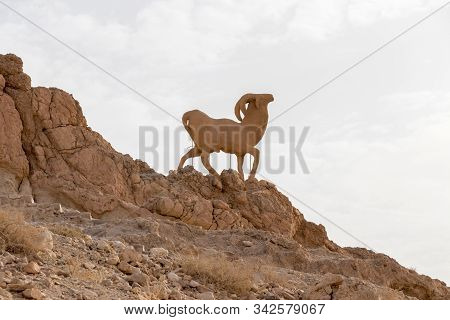 As-sabikah, Tunisia - July 23, 2018: Sculpture Of A Mountain Goat In Atlas Mountain Oasis Chebika, T