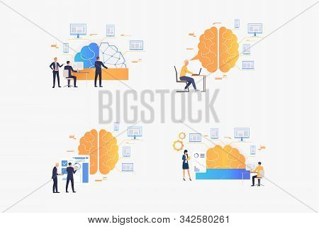 Intellectual Work Set. Businesspeople Thinking Over Ideas, Startup Projects. Flat Vector Illustratio