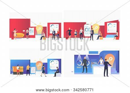 Startup Presentation Set. Team Presenting Reports And Graphs To Partners. Flat Vector Illustrations.