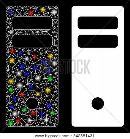 Glowing Mesh Server Mainframe Icon With Lightspot Effect. Abstract Illuminated Model Of Server Mainf