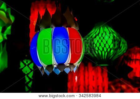 Different Colored Paper Chinese Electric Night Lamp Hanging From The Ceiling On The Occasion Of Chin