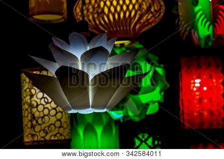 Different Colored Paper Chinese Electric Night Lamp Hanging From The Ceiling On The Occasion Of Chin