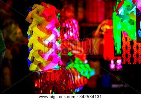 Different Colored Paper Chinese Electric Night Lamp Hanging From The Ceiling On The Occasion Of Chin