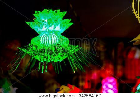 Different Colored Paper Chinese Electric Night Lamp Hanging From The Ceiling On The Occasion Of Chin