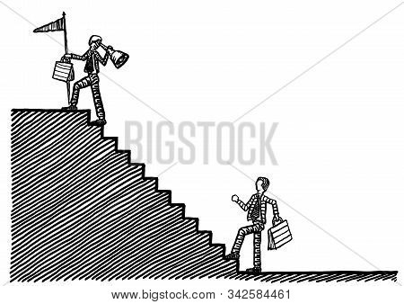 Drawing Of Successful Business Man Atop A Flight Of Stairs With Portfolio And Banner In Hand Looking