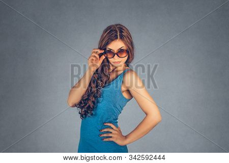 Headshot Serious Angry Bitchy Woman Wife Holding Sunglasses Down Skeptically Looking At You Isolated