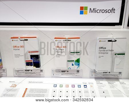 Montreal, Canada - December 26, 2019: Microsoft Office 365 Cards On Shelf In Store. Microsoft Office