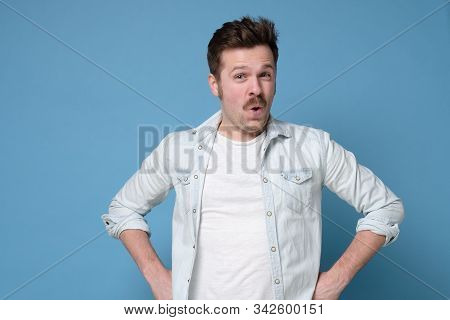 Wow I Am Suprised. Attractive Man With Retro Mustache Standing With Open Mouth.