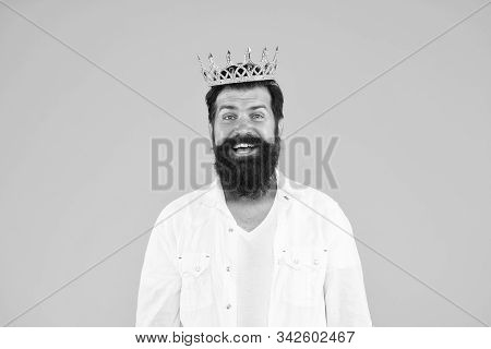 Real Happiness. Hipster Man King Costume Party. Brutal And Handsome Prince Yellow Background. Egoist