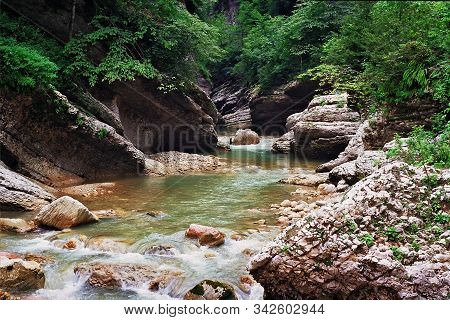 Guam Canyon And Kurdzhips River At Summer. Guamka Village, Krasnodar Region, Russia, Caucasus Mounta