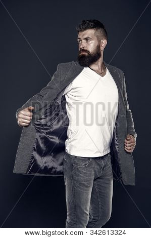 Adding Fashionable Touch. Fashionable Man Grey Background. Fashionable Look Of Vogue Model. Bearded 