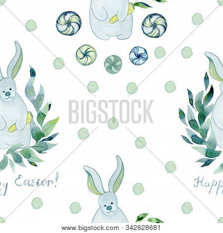 Seamless Watercolor Pattern On A White Background. Easter Bunny, Leaves, Candy.