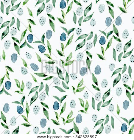 Seamless Pattern Of Spring Leaves And Easter Eggs. Watercolor Print On White Background