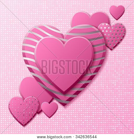 Valentines Day Background With Pink Hearts And Silver Pattern. Silver Luxury Cover On Roseate Backgr