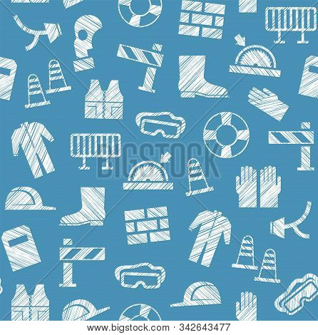 Safety At Work, Labor Protection, Seamless Pattern, Blue, Pencil Hatching, Vector. Special Clothing 