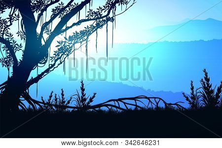 Natural Forest Trees Mountains Horizon Hills Sunrise And Sunset Landscape Wall Paper Illustration Ve