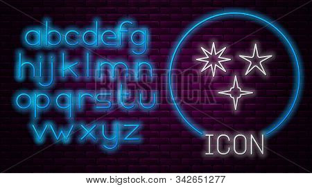 Glowing Neon Line Falling Star Icon Isolated On Brick Wall Background. Meteoroid, Meteorite, Comet, 