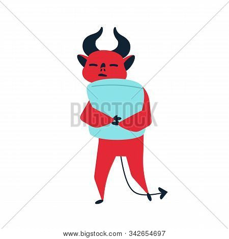 Devil Cuddling Pillow Flat Vector Illustration. Tiredness And Somnolence, Loneliness And Solitude Co