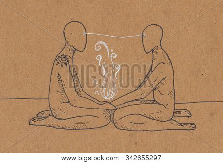 Esoteric And Magic Illustration Of Two Persons In Graphics. Soul And Body Splitting. Figure Black Pe