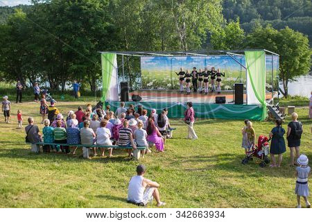 NIKOLSKIY / LENINGRAD REG, RUSSIA - JUN 16, 2018: During festival events dedicated to 69th anniversary of urban-type settlement Nikolskiy formation on the river Svir connecting Onega and Ladoga lakes.