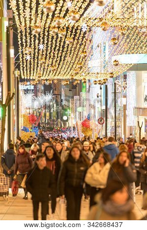 Andorra La Vella, Andorra : 2019 December 30 : People Walk In The Comercial Street Named Carlemany I