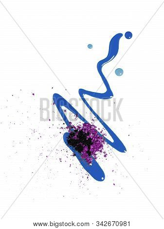 Spilled Liquid Lip Gloss, Nail Polish And Crashed Eyeshadows Isolated On A White Background. Lip, Ey