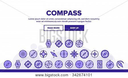 Compass Navigation Landing Web Page Header Banner Template Vector. Compass Map Navigate Equipment An