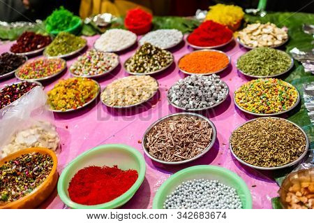 Different Types Of Colorful Garnish Pan Masala Used To Decorate Betel Leaf Banarasi Paan With Select