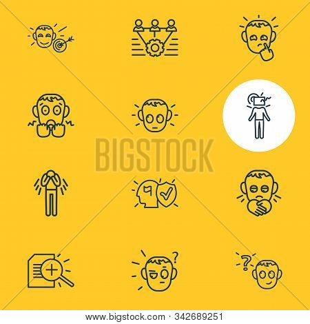 Vector Illustration Of 12 Emotions Icons Line Style. Editable Set Of Suspicious, Determined, Teamwor