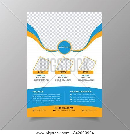 Blue And Yellow Travel Agency Template Design. Creative Concept Folded Flyer Or Brochure.