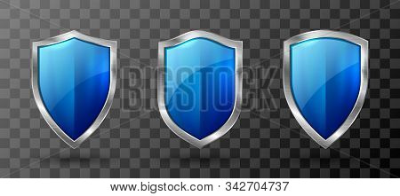Blue Shield Metal Frame Realistic Vector Illustration. Blank Blue Glass Or Acrylic Panel With Reflec