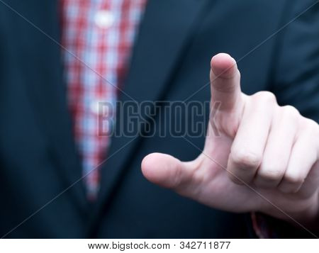 Finger Businessman Click On Screen. Man Hand Showing. Wallpaper For Banner With Copy Space. Futurist
