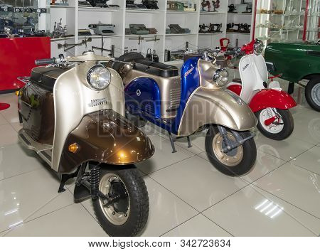 Kamensk-shakhtinsky, Russia-august 17, 2019: Motor Scooters: Tulitsa, T 200m, Vyatka- In The Museum 