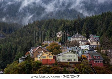 Beautiful Aerial View Of Residential Homes On Top Of Hill In A Small Touristic Town In The Ocean Coa