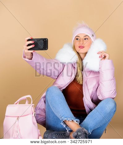 Girl In Puffed Coat Make Selfie. Faux Fur Fashion. Warm Winter Clothing. Phone Selfie. Flu And Cold 