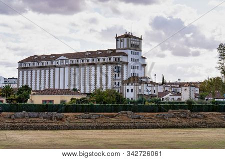 Merida, Spain - November 05, 2019: View Of The Store Grain, Silo De Trigo Of Merida From The Roman H