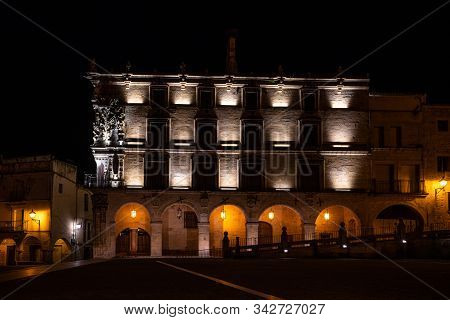 Trujillo, Spain - November 12, 2019: Palace Of Conquest At Night, Palacio De La Conquista At Trujill