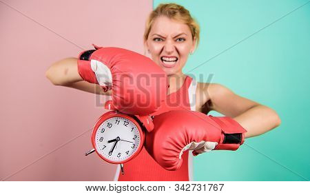Sportswoman. Win The Day. Angry Woman Boxing Gloves. Girl Boxer Hold Alarm Clock. Morning Energy. Fu
