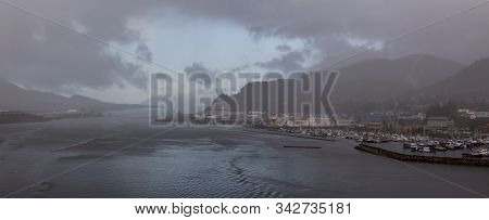 Ketchikan, Alaska, United States - September 26, 2019: Beautiful Panoramic Aerial View Of A Small To