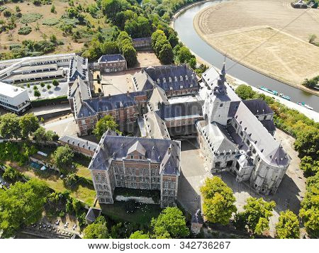 Aerial View Of Floreffe Abbey During Summer Day, Belgium. Old Abbey Where They Produced Famous Flore