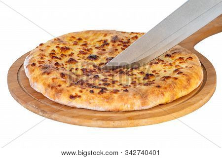 Georgian Traditional Food Khachapuri On A Wooden Dish On White Background.