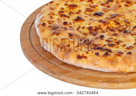 Georgian Traditional Food Khachapuri On A Wooden Dish On White Background.
