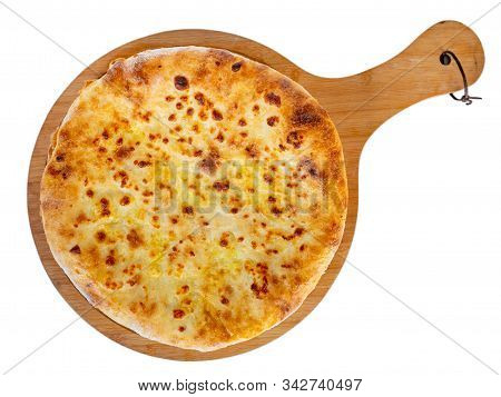 Georgian Traditional Food Khachapuri On A Wooden Dish On White Background.