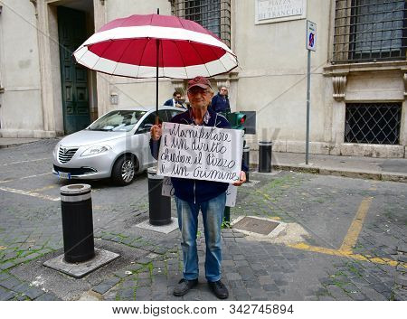Rome, Italy. October 15, 2019. Italian Protester Asking For Freedom Of Speech Close To Italian Senat